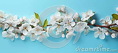 Lovely blossom and petals on turquoise background, beautiful spring nature with copy space Stock Photo