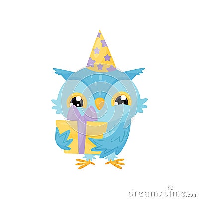 Lovely blue owlet in a party hat with gift box, cute bird cartoon character, design element for Birthday party vector Vector Illustration