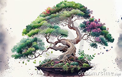 Beautiful bonsai tree in colorful watercolor illustration Stock Photo