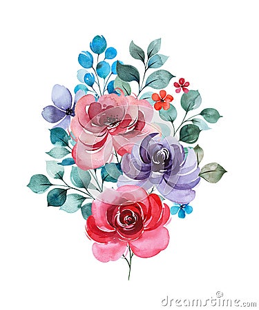 Lovely bouquet with peonies,flowers,branches and leaves. Cartoon Illustration