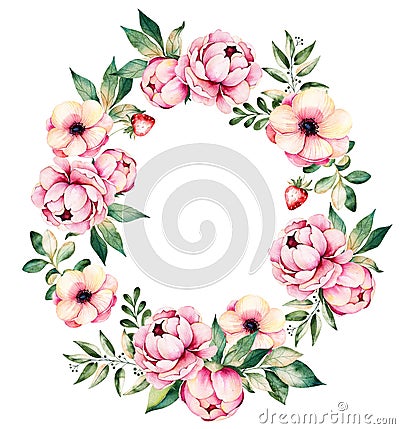 Lovely Bouquet with peonies, flowers, leaves, succulent plant, branches, strawberry and more Stock Photo