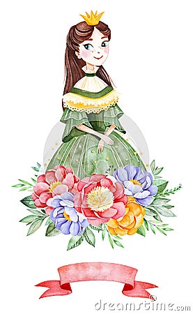 Lovely bouquet with peonies,leaves,flower,branches,ribbon and pretty princess. Cartoon Illustration