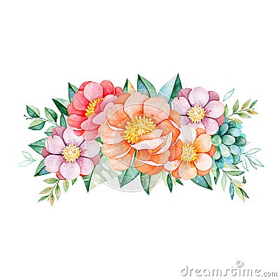 Lovely bouquet with peony,flowers,leaves,flowers,branches,succulent Stock Photo