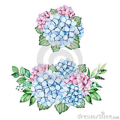 2 Lovely bouquets with blue and purple hydrangea flowers,branches and leaves Stock Photo