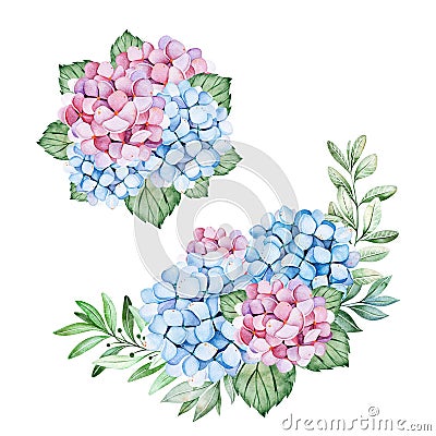 2 Lovely bouquets with blue and purple hydrangea flowers,branches and leaves Stock Photo