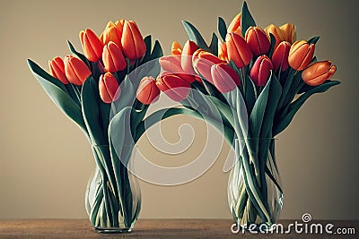 Lovely bouquets on long green stems of rich red tulip flower. Stock Photo