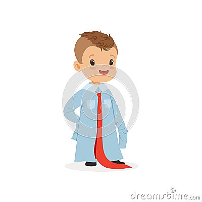 Lovely boy wearing dult oversized shirt and tie, kid pretending to be adult vector Illustration Vector Illustration