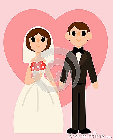 Lovely bride and groom on background of pink big heart. Colored background. Vector illustration. Design element. Vector Illustration