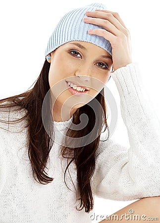 Lovely brunette in winter hat Stock Photo