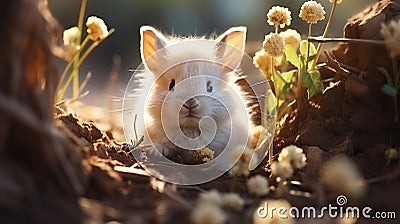 Lovely bunny easter fluffy white rabbit with colorful flower background AI generated Stock Photo