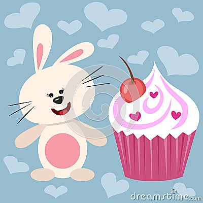 Lovely card with bunny and love cupcake Vector Illustration