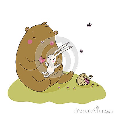 Lovely cartoon bear and hare. Basket with berries. Happy animals. Vector Illustration