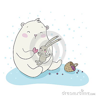 Lovely cartoon bear and hare. Basket with berries. Happy animals. Vector Illustration