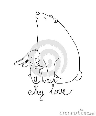 Lovely cartoon bear and hare. Happy animals. Vector Illustration