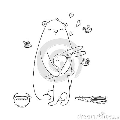 Lovely cartoon bear and hare. A pot of honey, carrots and bees. Happy animals. Isolated objects on white background. Vector Illustration