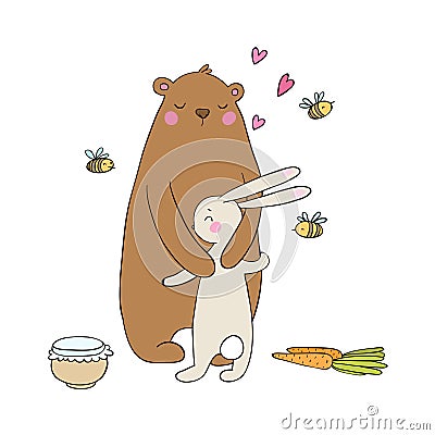 Lovely cartoon bear and hare. A pot of honey, carrots and bees. Happy animals. objects on white background. Vector Illustration