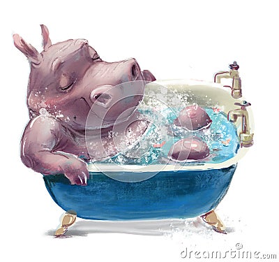 cute cartoon hippo in the bath Stock Photo