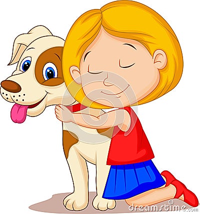 Lovely cartoon little girl hugging pet dog with passion Vector Illustration