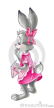 Lovely cartoon rabbit girl character in pink dress holding a letter Stock Photo