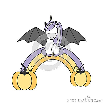Cute lovely cartoon vector bat unicorn sitting on halloween rainbow Vector Illustration