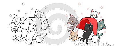 Lovely cats and Christmas hat cartoon coloring page Vector Illustration
