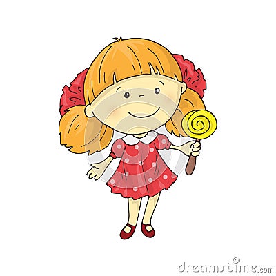 A lovely charming cartoon girl with a lollipop. Vector Illustration