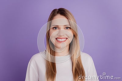 Lovely cheerful positive blonde lady shiny beaming smile isolated on purple color background Stock Photo