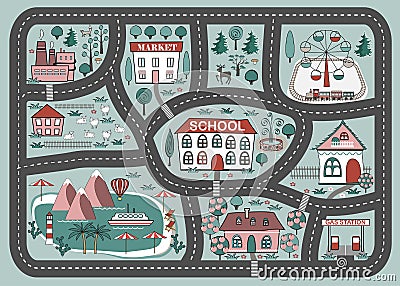 Play mat for children activity and entertainment. Cartoon city landscape Vector Illustration