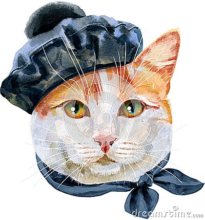 Lovely closeup portrait of turkish van cat in a black beret with a pompom and a scarf. Hand drawn water colour painting Cartoon Illustration