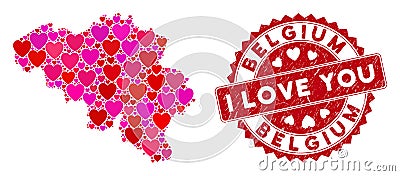 Love Heart Mosaic Belgium Map with Distress Stamp Vector Illustration