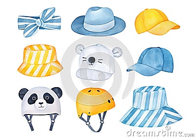 Lovely collection of summertime protective headgear and accessories for summer holiday vacations and active outdoor rest. Stock Photo