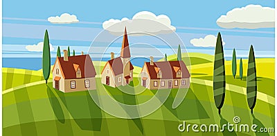 Lovely country rural landscape, farm, pasture, Cartoon style, vector illustration Vector Illustration