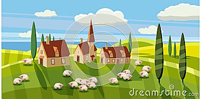 Lovely country rural landscape, Sheep graze, farm, flowers, pasture, Cartoon style, vector illustration Vector Illustration