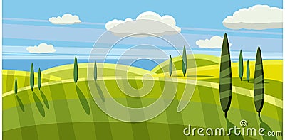 Lovely country rural landscape, pasture, Cartoon style, vector illustration Vector Illustration
