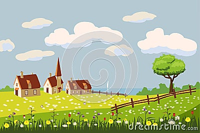 Lovely country rural landscape, farm, flowers, pasture, Cartoon style, vector illustration Vector Illustration