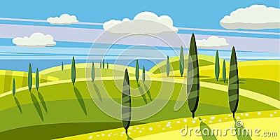 Lovely countryside, farm, village, grazing cows, sheep, flowers, clouds, Cartoon style, vector illustration Vector Illustration