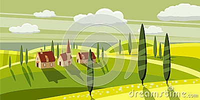 Lovely countryside, farm, village, grazing cows, sheep, flowers, clouds, Cartoon style, vector illustration Vector Illustration