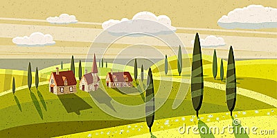 Lovely countryside, farm, village, grazing cows, sheep, flowers, clouds, Cartoon style, vector illustration Vector Illustration