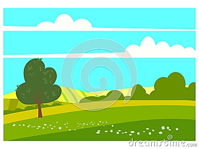 Lovely Countryside landscape spring tree green hills fields, nature, bright color blue sky. Spring, summer country Vector Illustration