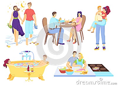 Lovely couple character together lovely walking, joint cooking, take bath and date restaurant cartoon vector Vector Illustration