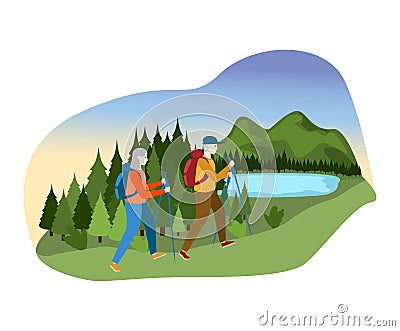 Lovely couple male female together camp outdoor mountain hill, person character walk forest river isolated on white Vector Illustration