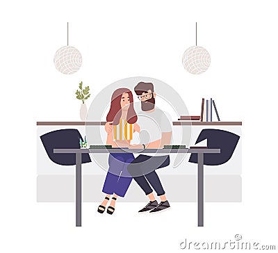 Lovely couple sitting at cafe table and embracing each other. Happy boyfriend and girlfriend. Young man and woman in Vector Illustration