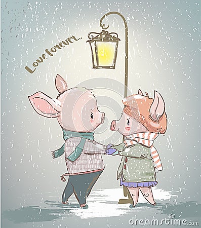 Lovely couple of winter pigs Vector Illustration