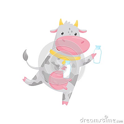 Lovely cow runnung with glass bottle of milk, funny farm animal cartoon character vector Illustration on a white Vector Illustration