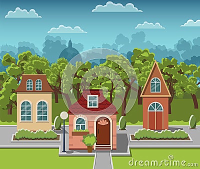 Lovely cozy houses in a fairy-tale town. Vector Illustration