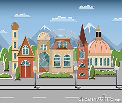 Lovely cozy houses in a fairy-tale town. Vector Illustration