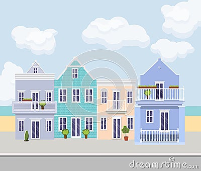 Lovely cozy houses in a fairy-tale town Vector Illustration