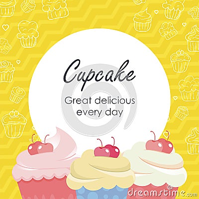 Lovely Cupcake Flyer Template Design. with colorful linear doodle cupcake illustration Cartoon Illustration