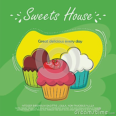 Lovely Cupcake Flyer Template Design. with colorful linear doodle cupcake illustration Cartoon Illustration