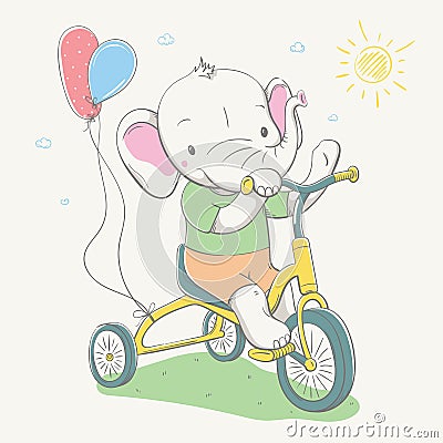 Lovely cute baby elephant in T-shirt and shorts by small bike with color balloons. Summer series of children`s card Vector Illustration